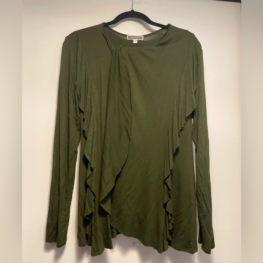 Pleione Olive Green Women’s Cardigan Ruffle Long Sleeve Sweater Size Large